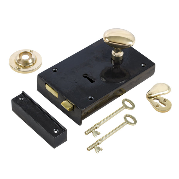 Right Handed Large Cast Iron Rim Lock With Brass Oval Door Knob Set