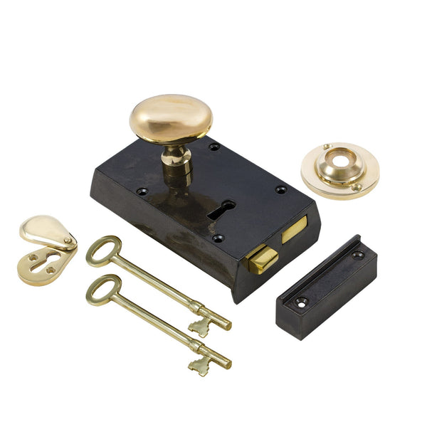  Left Handed Small Cast Iron Rim Lock With Brass Oval Door Knob Set
