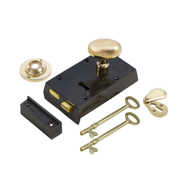  Right Handed Small Cast Iron Rim Lock With Brass Oval Door Knob Set