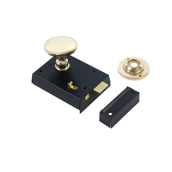  Oval Door Knob Set - Polished Brass On Black Bathroom Rim Lock