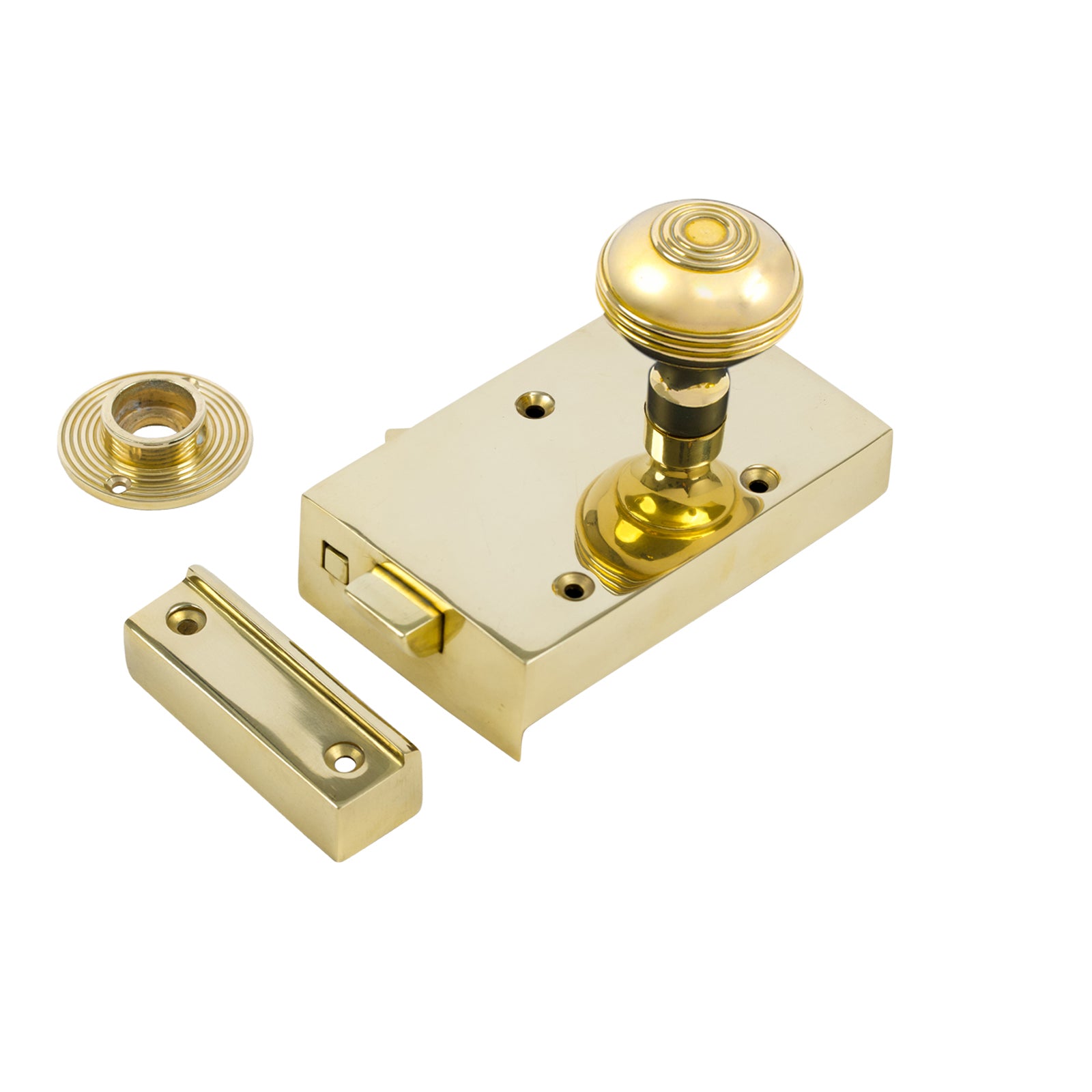 SHOW Right Handed Brass Bathroom Rim Lock with Brass Ringed Door Knob Set