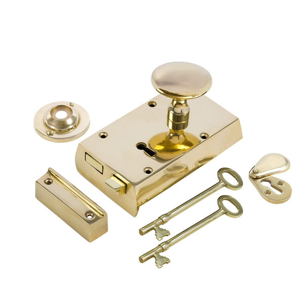  Right Handed Small Brass Rim Lock with Brass Oval Door Knob Set