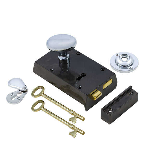  Left Handed Small Cast Iron Rim Lock With Polished Chrome Oval Door Knob Set