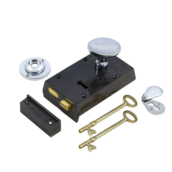 SHOW Right Handed Small Cast Iron Rim Lock With Polished Chrome Oval Door Knob Set