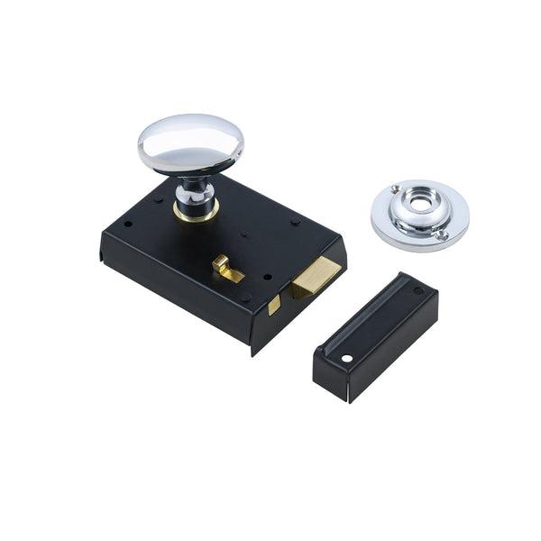  Oval Door Knob Set - Polished Chrome On Black Bathroom Rim Lock