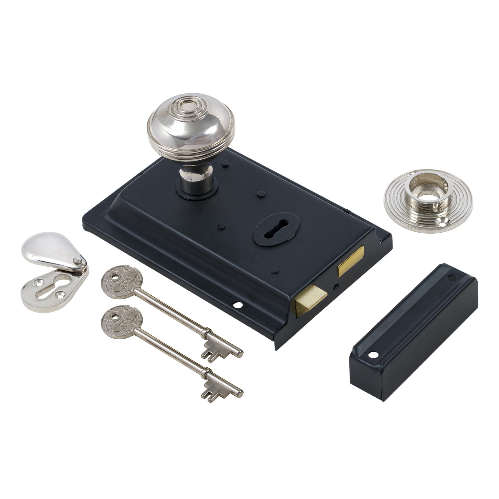 SHOW Ringed Door Knob Set - Polished Nickel On Black Rim Lock
