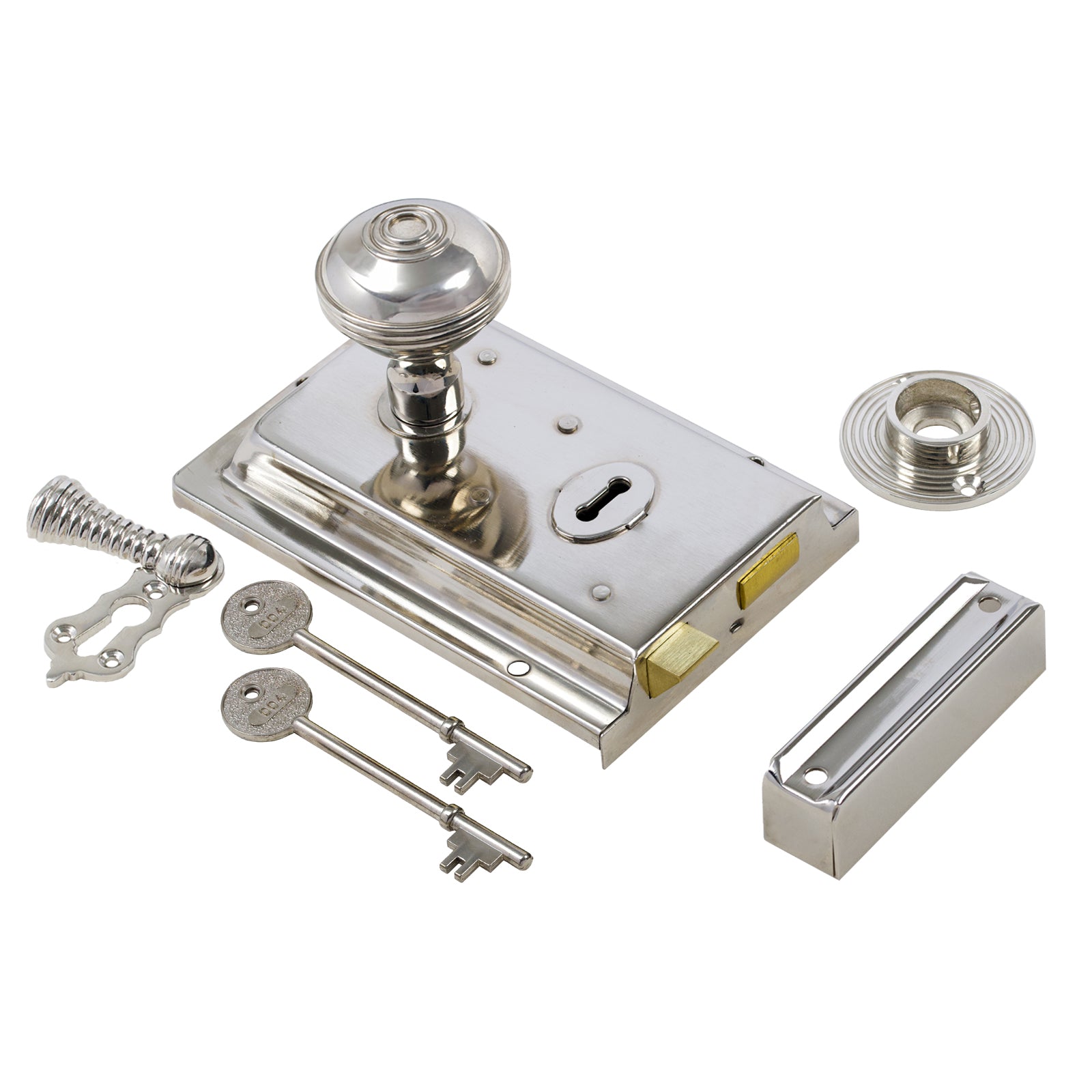 SHOW Ringed Door Knob Set - Polished Nickel On Polished Nickel Rim Lock