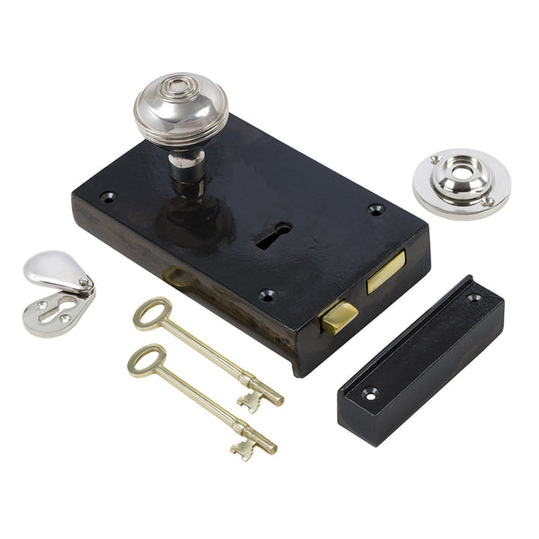  Left Handed Large Cast Iron Rim Lock With Polished Nickel Ringed Door Knob Set