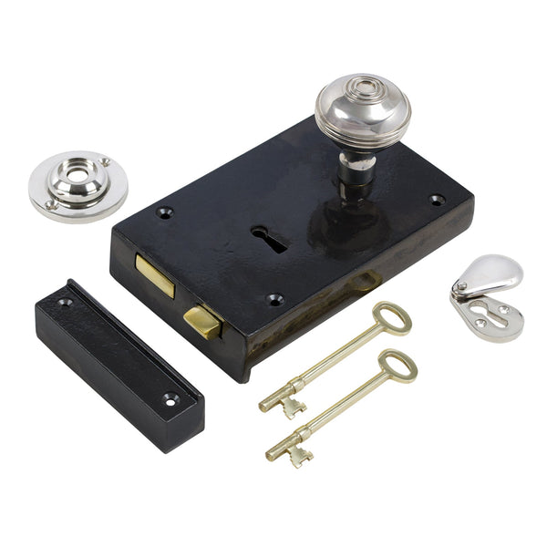  Right Handed Large Cast Iron Rim Lock With Polished Nickel Ringed Door Knob Set