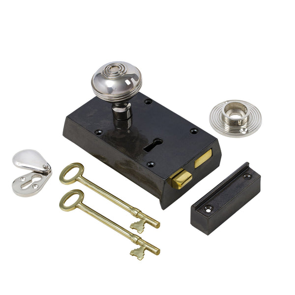  Left Handed Small Cast Iron Rim Lock With Polished Nickel Ringed Door Knob Set