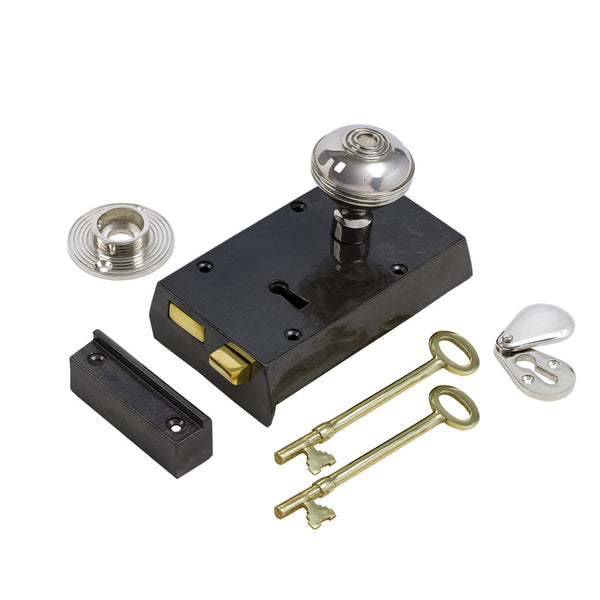  Right Handed Small Cast Iron Rim Lock With Polished Nickel Ringed Door Knob Set