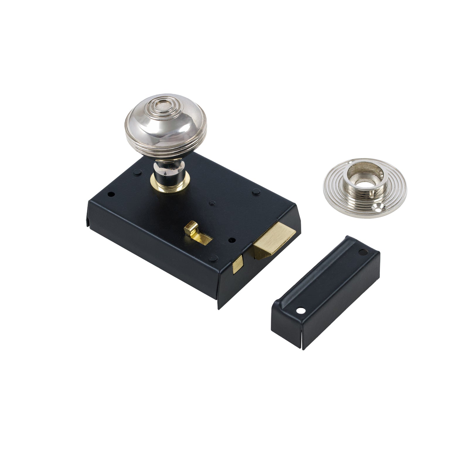 SHOW Ringed Door Knob Set - Polished Nickel On Black Bathroom Rim Lock