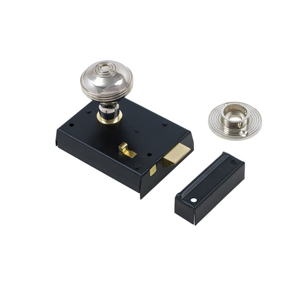  Ringed Door Knob Set - Polished Nickel On Black Bathroom Rim Lock