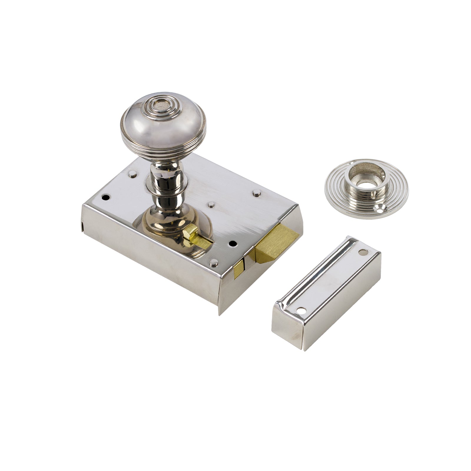 SHOW Ringed Door Knob Set - Polished Nickel On Polished Nickel Bathroom Rim Lock