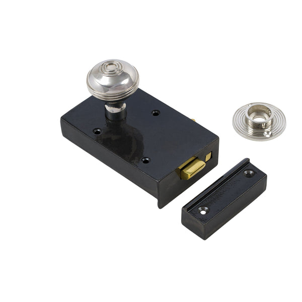  Left Handed Cast Iron Bathroom Rim Lock With Polished Nickel Ringed Door Knob Set