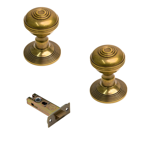  Antique Brass Ringed Door Knobs 3 Inch Latch Set