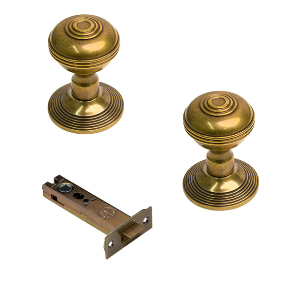  Antique Brass Ringed Door Knobs 4 Inch Latch Set