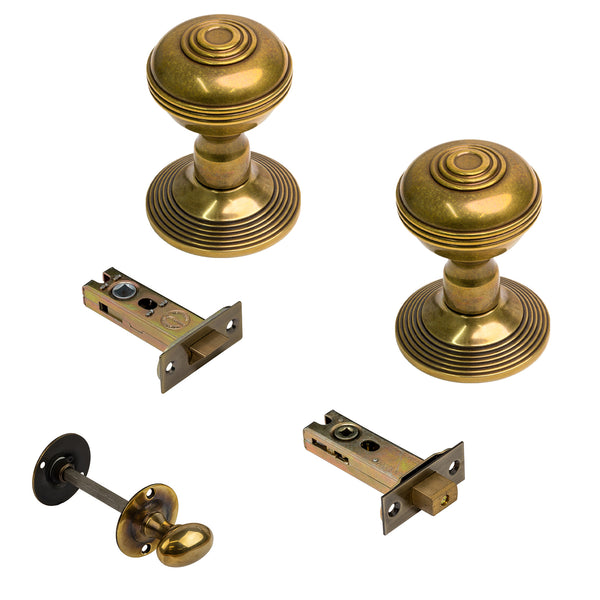  Antique Brass Ringed Door Knobs 3 Inch Bathroom Set
