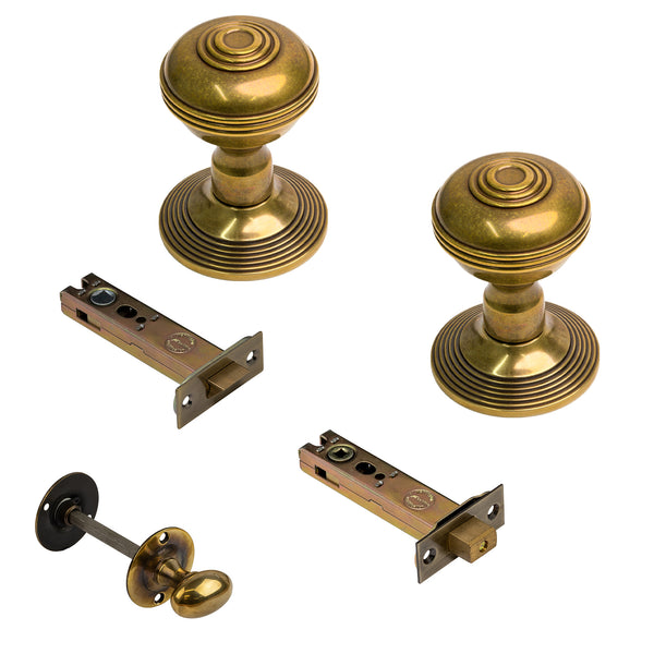  Antique Brass Ringed Door Knobs 4 Inch Bathroom Set