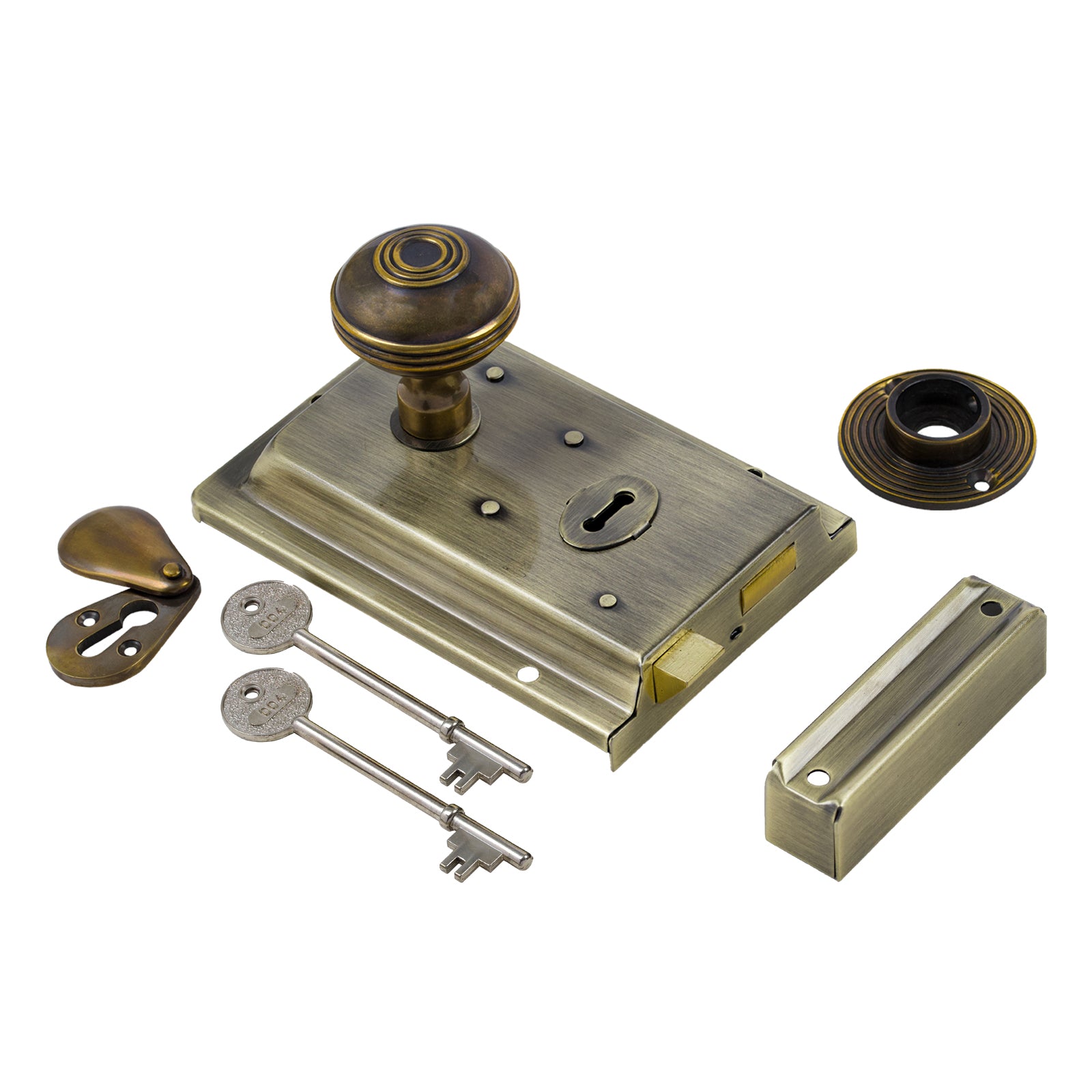 SHOW Ringed Door Knob Set - Antique Brass On Antique Brass Rim Lock