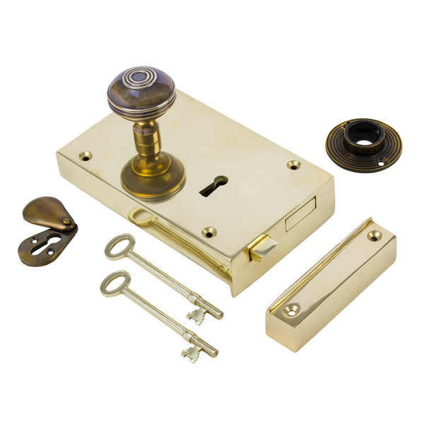  Left Handed Large Brass Rim Lock with Brass Ringed Door Knob Set - Antique Brass