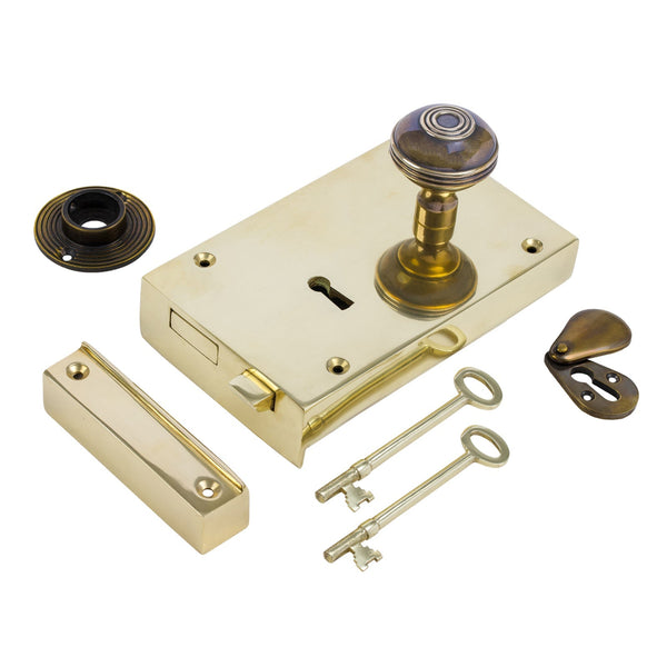  Right Handed Large Brass Rim Lock with Brass Ringed Door Knob Set - Antique Brass