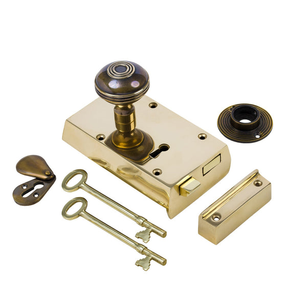  Left Handed Small Brass Rim Lock with Brass Ringed Door Knob Set - Antique Brass