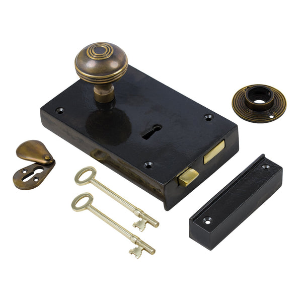 Left Handed Large Cast Iron Rim Lock With Antique Brass Ringed Door Knob Set