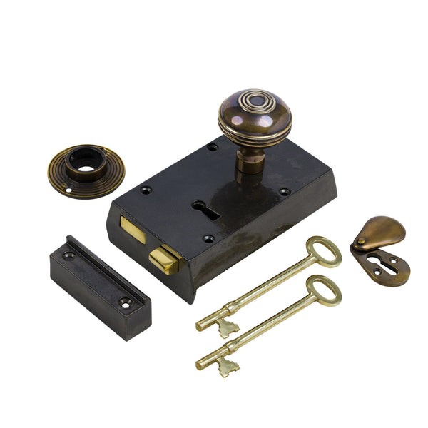  Right Handed Small Cast Iron Rim Lock With Antique Brass Ringed Door Knob Set