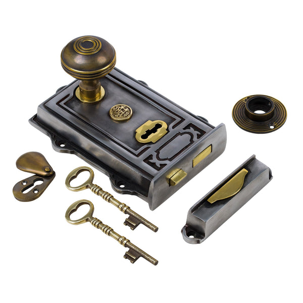  Image of Ornate Iron Rim Lock with Brass Ringed Door Knob Set - Antique Brass