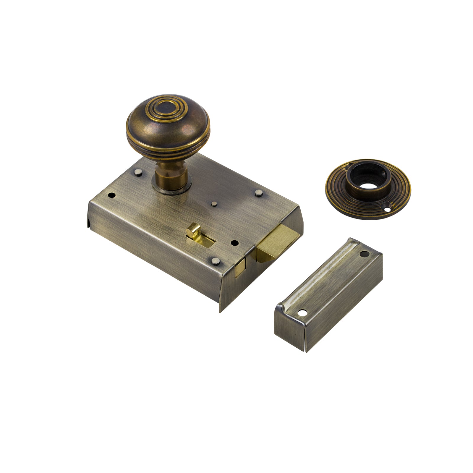 SHOW Ringed Door Knob Set - Antique Brass On Antique Brass Bathroom Rim Lock