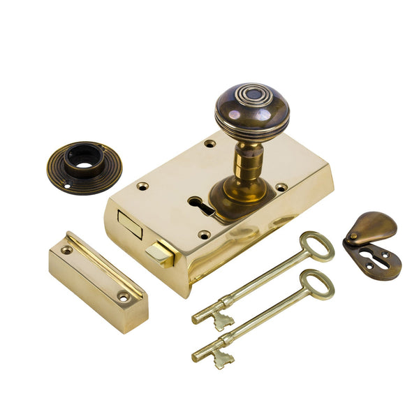  Right Handed Small Brass Rim Lock with Brass Ringed Door Knob Set - Antique Brass