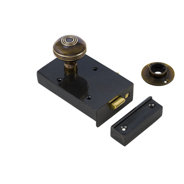  Left Handed Cast Iron Bathroom Rim Lock With Antique Brass Ringed Door Knob Set