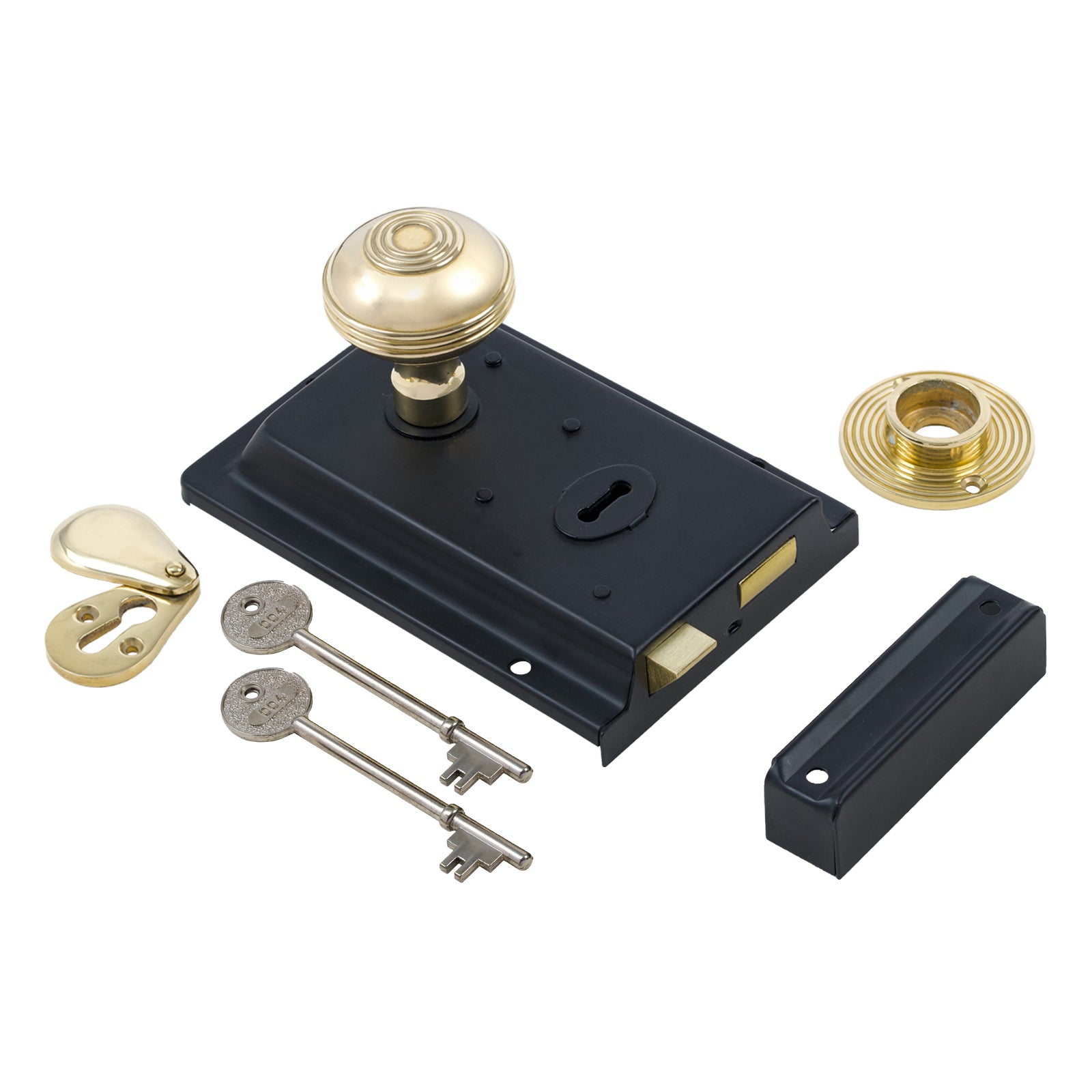 SHOW Ringed Door Knob Set - Polished Brass On Black Rim Lock