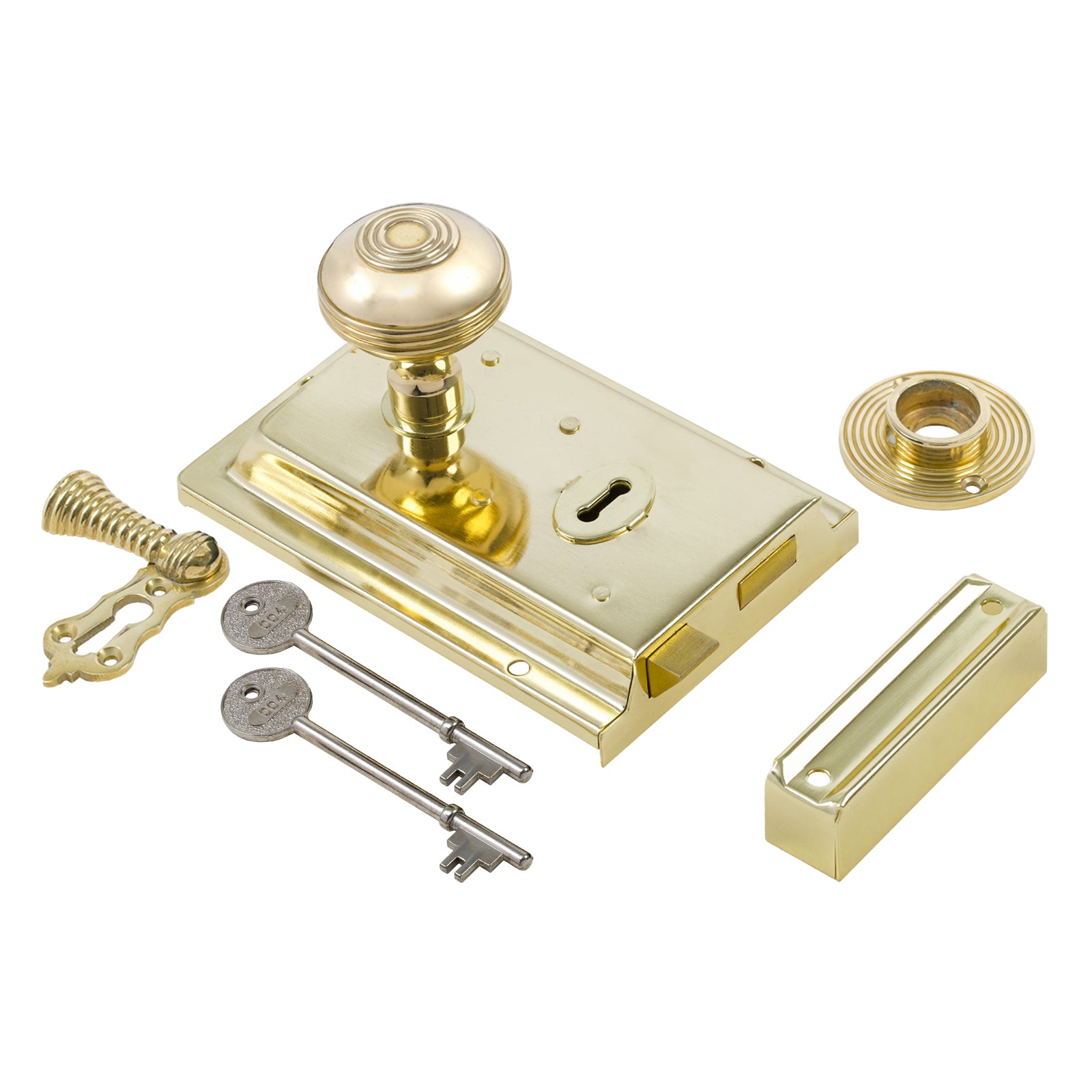 SHOW Ringed Door Knob Set - Polished Brass On Polished Brass Rim Lock