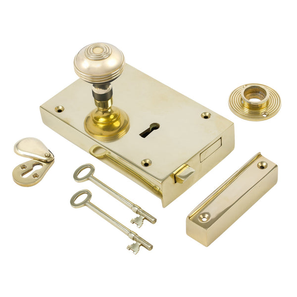  Left Handed Large Brass Rim Lock with Brass Ringed Door Knob Set