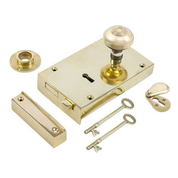  Right Handed Large Brass Rim Lock with Brass Ringed Door Knob Set