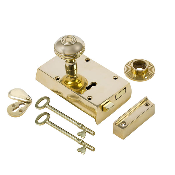  Left Handed Small Brass Rim Lock with Brass Ringed Door Knob Set