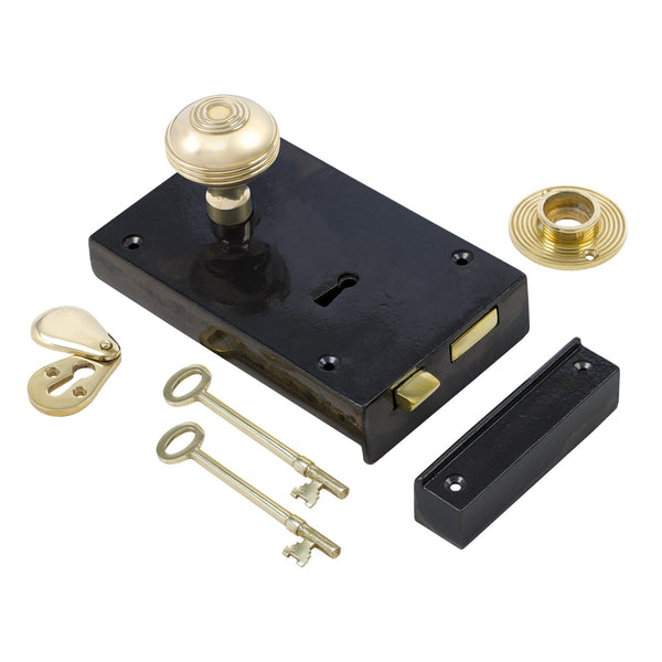  Left Handed Large Cast Iron Rim Lock With Brass Ringed Door Knob Set