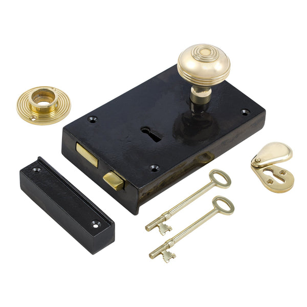  Right Handed Large Cast Iron Rim Lock With Brass Ringed Door Knob Set