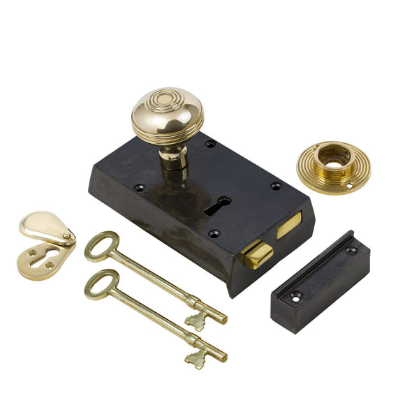 Left Handed Small Cast Iron Rim Lock With Brass Ringed Door Knob Set