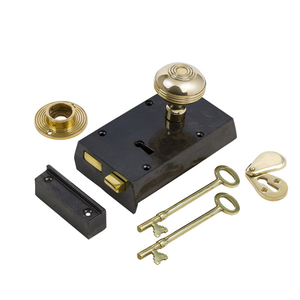  Right Handed Small Cast Iron Rim Lock With Brass Ringed Door Knob Set