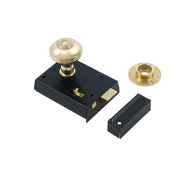  Ringed Door Knob Set - Polished Brass On Black Bathroom Rim Lock