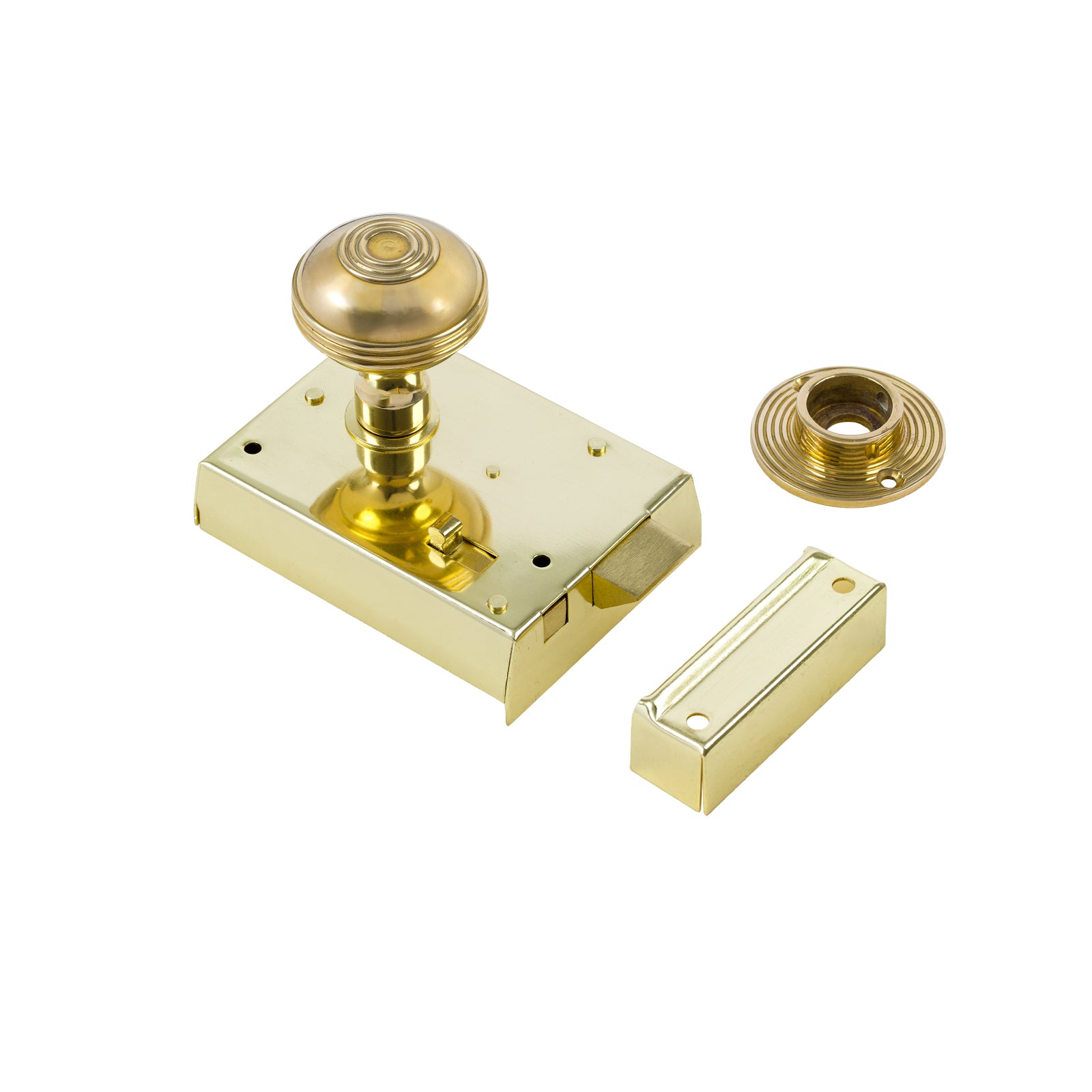 SHOW Ringed Door Knob Set - Polished Brass On Polished Brass Bathroom Rim Lock