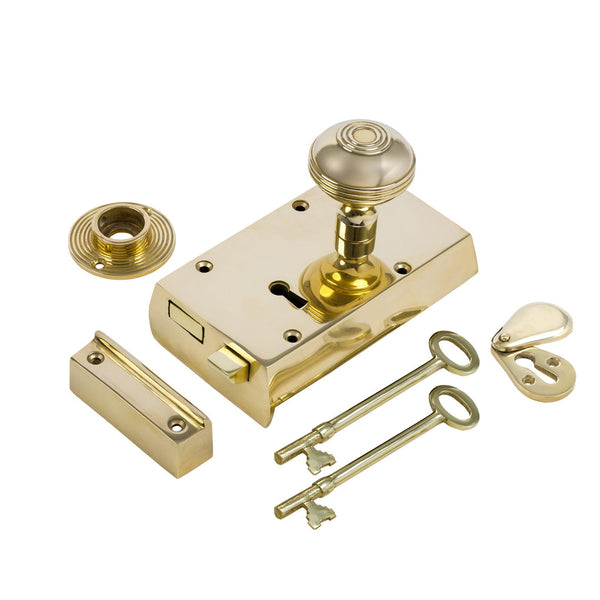  Right Handed Small Brass Rim Lock with Brass Ringed Door Knob Set