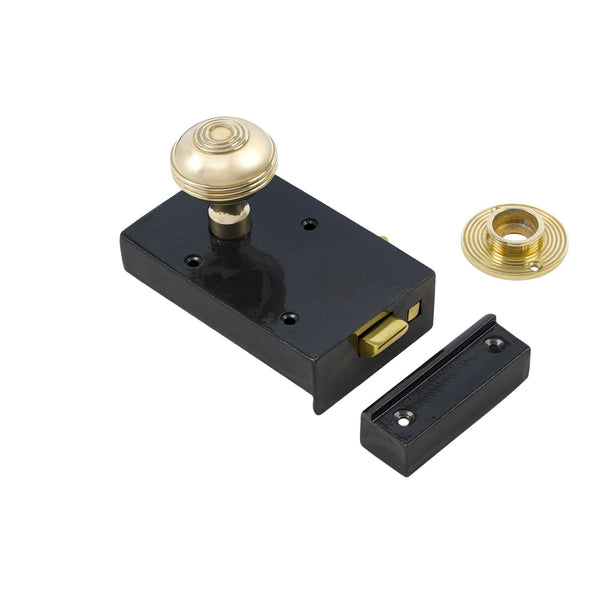  Left Handed Cast Iron Bathroom Rim Lock With Brass Ringed Door Knob Set