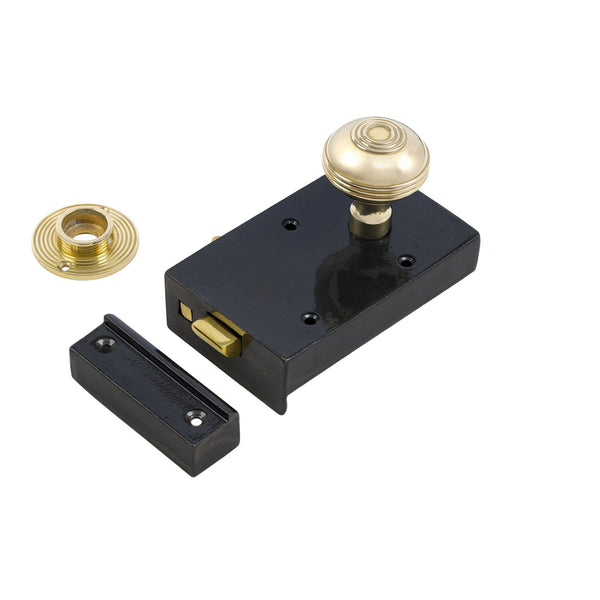  Right Handed Cast Iron Bathroom Rim Lock With Brass Ringed Door Knob Set