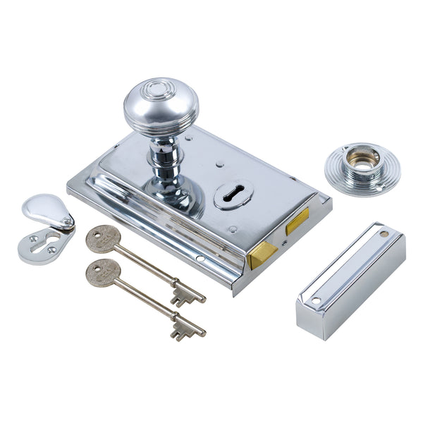 SHOW Ringed Door Knob Set - Polished Chrome On Polished Chrome Rim Lock