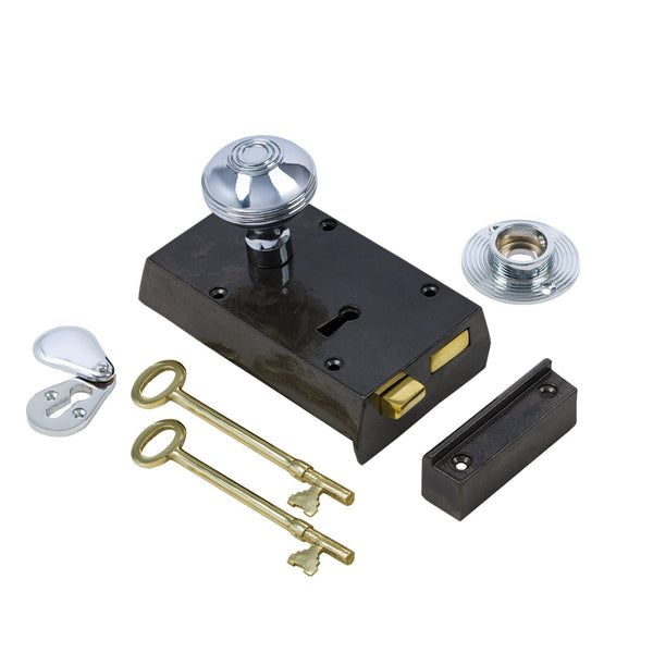  Left Handed Small Cast Iron Rim Lock With Polished Chrome Ringed Door Knob Set
