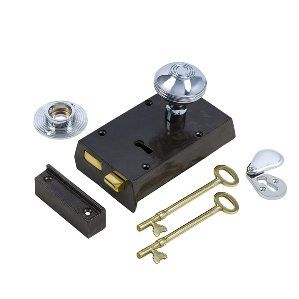 Right Handed Small Cast Iron Rim Lock With Polished Chrome Ringed Door Knob Set
